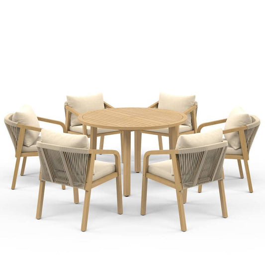6-Person All Weather Acacia Wood Outdoor Dining Set with Water-Resistant Cushions and Umbrella Hole