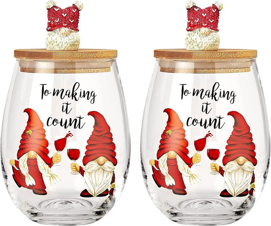 Christmas Gnome Wine & Water Glasses With Dwarf Wood Cover - Set of 2-17.5oz