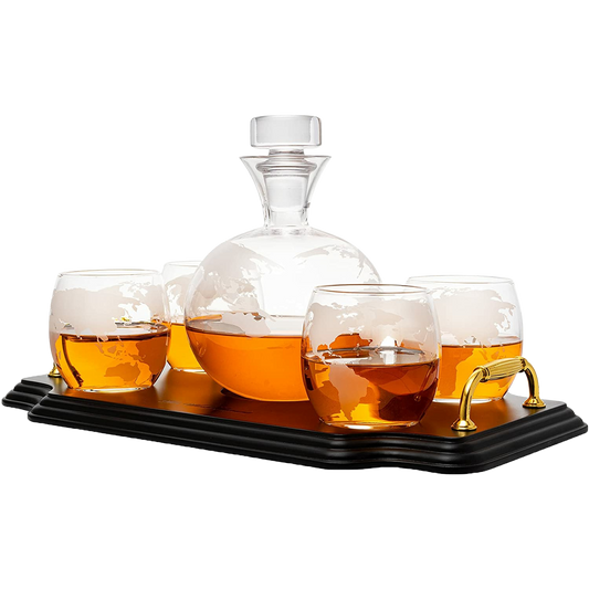 Etched World Map Globe Whiskey Decanter Set 750ml