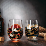Artisanal Hand Painted Sunrise Glasses, Stemless Set of 2