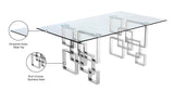 Alexis Modern Chrome Dining Table with Geometric Base & Clear Glass Top for Elegant Spaces