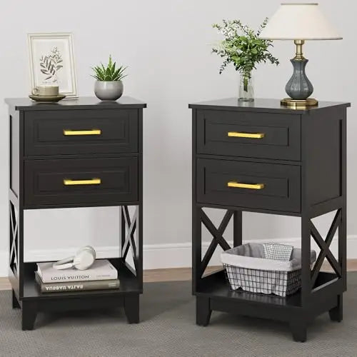 Tall Nightstand Set of 2, Black Side Table with 2 Drawers