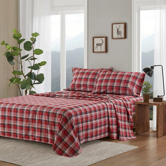 4-Piece Cotton Flannel Sheet Set, Red Plai