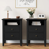 Black Fluted Nightstand with 2 Drawers, Modern Sofa Table