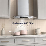 CIARRA 30 inch Glass Wall Mount Range Hood, 650 CFM 3-Speed Extraction, Wave & Touch Control Kitchen Hood CAS75502-N-OW