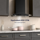 CIARRA 30 Inch Black Glass Wall Mount Range Hood, 650 CFM 3-Speed Extraction, Wave & Touch Control Kitchen Hood CAB75502-N-OW