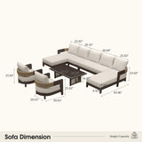 PURPLE LEAF Tuscany U-Shaped Patio Conversation Set with Removable Cushions and Pillows Bronze Aluminum Frame Outdoor Couch Sets for Porch Yard Garden