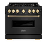 ZLINE 36" Dual Fuel Range, Gas Cooktop, Electric Convection Oven Black Stainless Steel, Gold CDRBZ-36-G