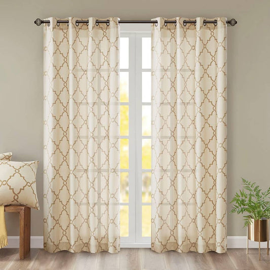 Wholesale Fretwork Sheer Basket Weave Window Panel, Cream