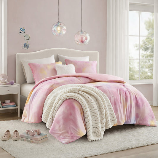 Watercolor Tie Dye Comforter Set with Throw Pillow, Pink