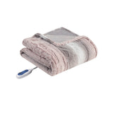 Heated 50x70 Faux Long Fur Electric Throw Blanket Blush/Grey