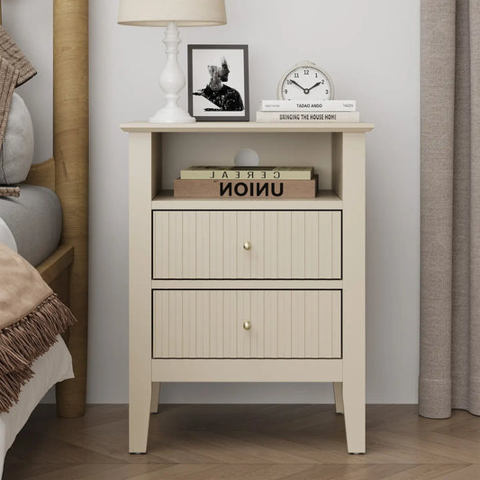 Fluted Nightstand with 2 Drawers, Modern Wooden Sofa Table
