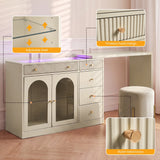 Rotatable L-Shaped Vanity Desk with Led Light, Double Arched