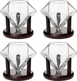 Set of 4 Diamond Whiskey & Wine Glasses With Wood Stands 10oz