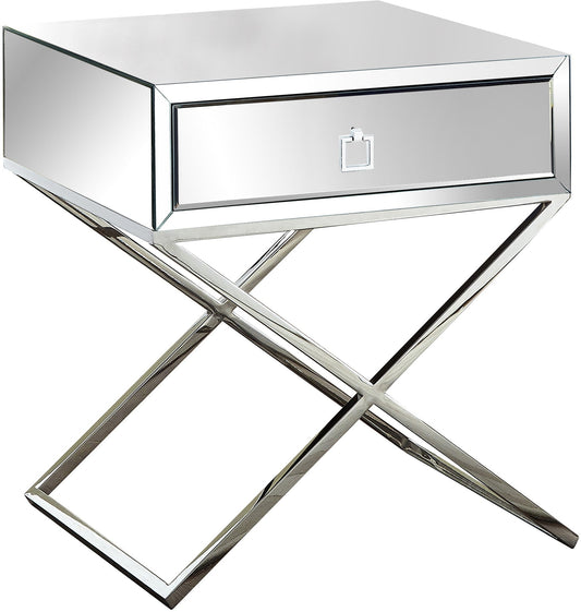 Lynn Mirrored Contemporary Side Table with Chrome Base, Modern X-Leg Design & Storage Drawer