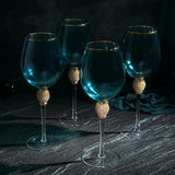 Large Diamond Wine Glasses, 10" H Gold Rim (4, Blue)