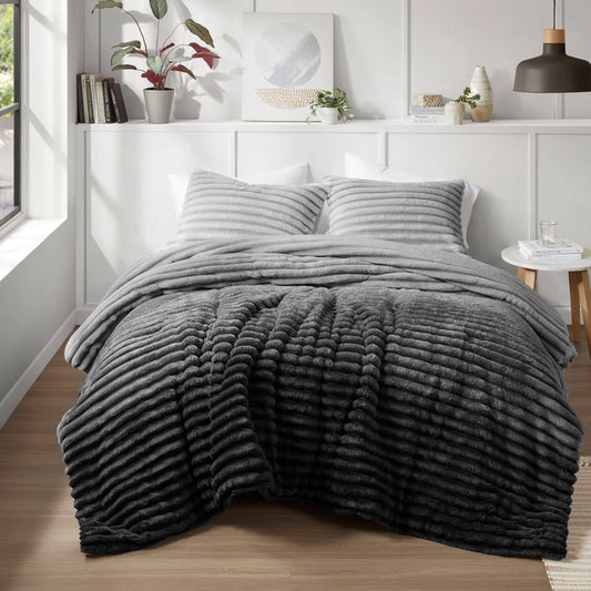 300GSM Fluffy Ribbed Plush Comforter Set,Grey Ombre