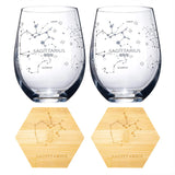 Set of 2 Zodiac Sign Wine Glasses with 2 Wooden Coasters (Sagittarius)