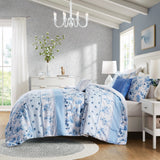 Dreamy Vintage Floral Striped Comforter Set, Blue