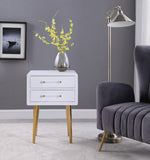 Zane Elegant White Lacquer Side Table with Gold Legs & Acrylic Handles for Contemporary Spaces