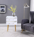 Zane Elegant White Lacquer Side Table with Gold Legs & Acrylic Handles for Contemporary Spaces