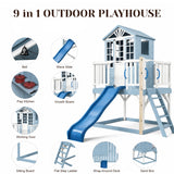9-in-1 Wooden Playhouse Slide Kitchen Sandbox, Blue