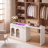 Rotatable L-Shaped Vanity Desk with Led Light, Double Arched