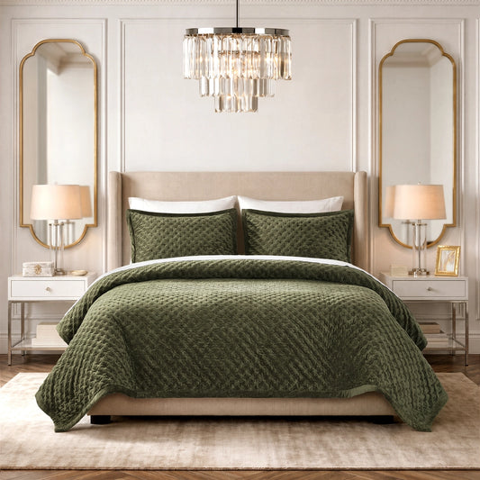 Soft Velvet Cross Stitch Coverlet Set with Shams, Green