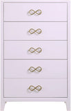 Bowtie Contemporary Chest with Five Drawers, Elegant Rubberwood Design and Chic Gold Handles