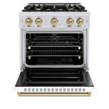 ZLINE 30" Dual Fuel Range, Gas Cooktop, Electric Convection Oven DuraSnow® Stainless Steel, White Matte Door, Gold CDRSZ-WM-30-G