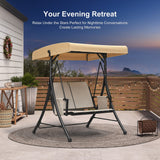 PURPLE LEAF Porch Swing with Adjustable Tilt Canopy Patio Swing with Stand and Meatl Steel Frame All-Weather Outdoor Swing Chair Seat Space-Saving for Backyard Garden Deck