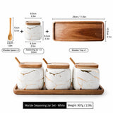 Marble Ceramic Spice Jar Set with Wooden Tray