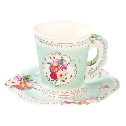 Floral Paper Teacup & Saucer Set – 12 Pack
