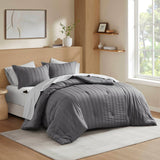 Wholesale Woven Striped Pleated Comforter Set, Charcoal