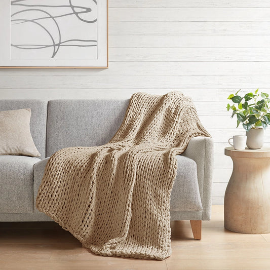Handmade Chunky Double Knit Throw 50x60", Tan