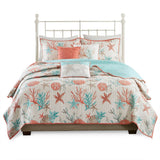 6 Piece Coastal Cotton Sateen Quilt Set, Coral