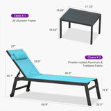 PURPLE LEAF Outdoor Lounge Chair Patio Chaise Pool Lounger Aluminum Frame with Side Table and Wheels for Outside Sunbathing Tanning Recliner Including Pillows