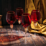 Large Diamond Wine Glasses, 10" H Gold Rim Rhinestone (4, Red)