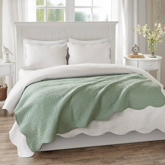 Oversized Quilted Scallope Edge Throw Blanket, Seafoam Blue