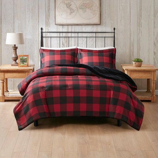 Wholesale Faux Fur Down Alternative Comforter Set, Red Buffalo Check