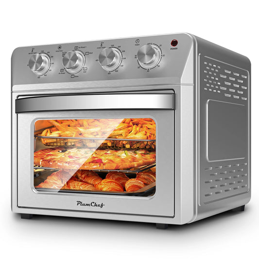 Plum Chef Large Capacity Air Fryer Oven 27.5QT, 6-in-1 Countertop Convection Oven, Air Fry, Bake, Broil, Toast, 4 Knob Control, 1600W, Family Size, Stainless Steel, Silver