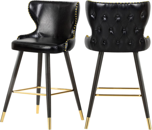 Hendrix Contemporary Faux Leather Bar Stools with Espresso Legs and Gold Footrest - Set of 2