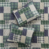 3 Piece Reversible Patchwork Printed Quilt Set, Green / Navy