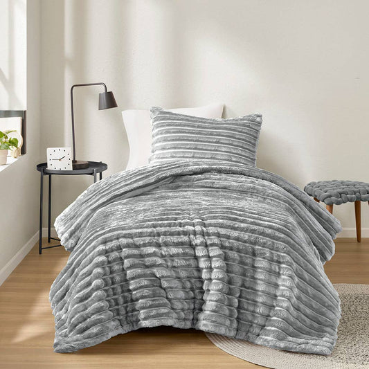 300GSM Fluffy Ribbed Plush Comforter Set,Gray