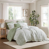 5 Piece Scalloped Edged Botanical Comforter Set, Sage Green