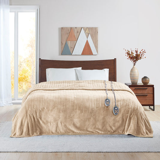 Heated Plush and Berber Electric Bedding Blanket, Beige