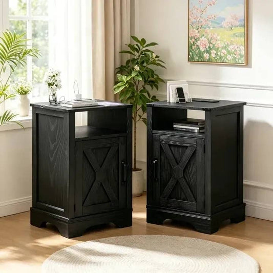 Farmhouse Nightstand Set of 2 with Charging Station