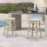 PURPLE LEAF Patio French Round Counter Stool Set of 2 Rattan Backless Stackable Barstools Aluminum Frame Footrest with Woven Wicker for Outdoor Kitchen Yard