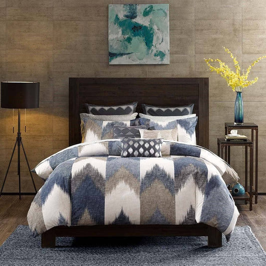 Ikat Chevron 3-Piece Comforter or Duvet Cover Set, Navy Blue