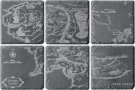 Middle Earth Map Coasters Set of 6 - Fantasy Slate Drink Coasters